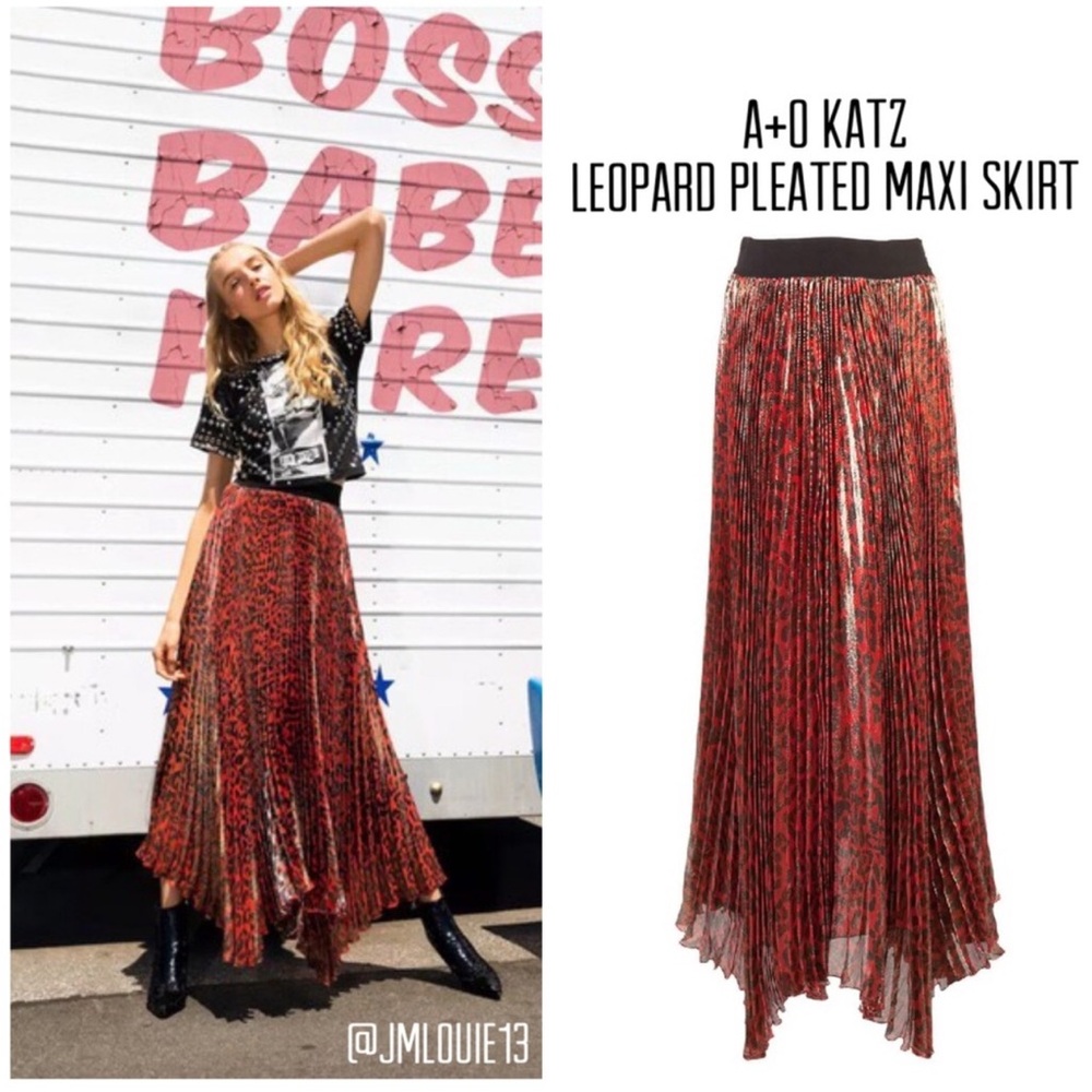 Alice + Olivia Skirt Katz Metallic Leopard Print Pleated Maxi Skirt size 0 - Picture 3 of 16